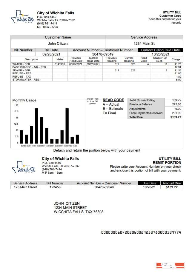 USA The City of Wichita Falls Utility bill template in Word and PDF format